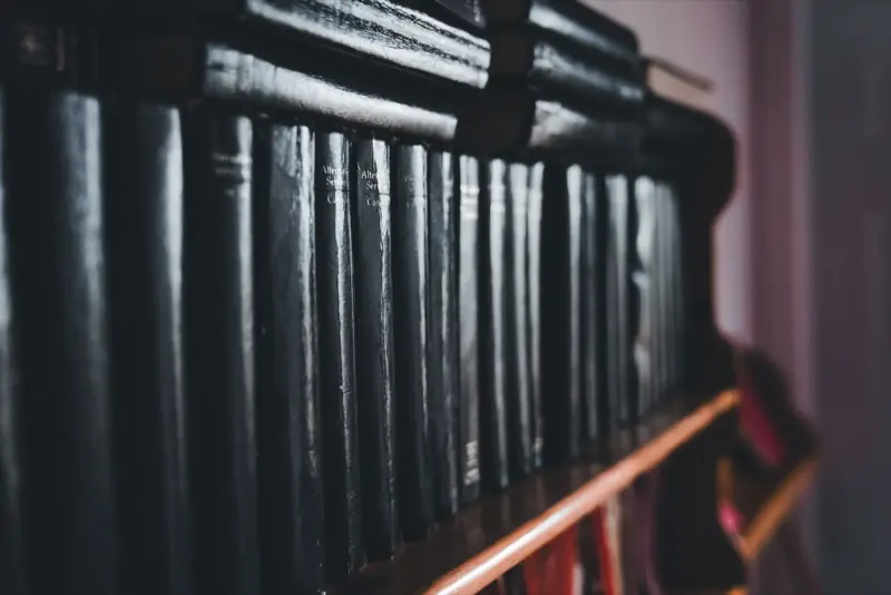 Dark spines of bound volumes on a shelf